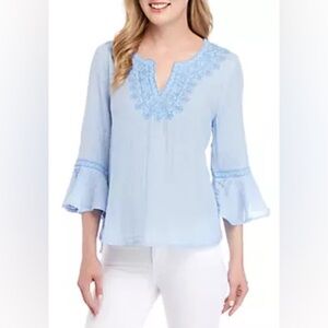 Crown & Ivy Embroidered Blue and White Bell Sleeve Blouse